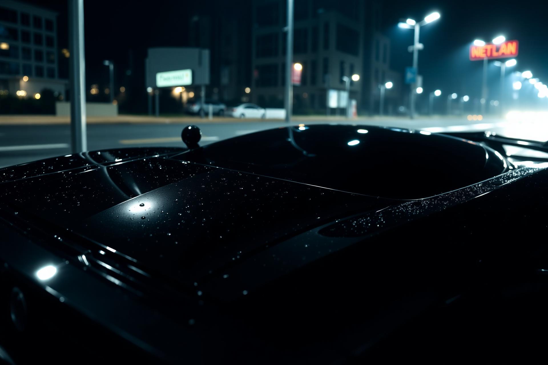 Glossy black luxury car at night with water beads on freshly detailed paint